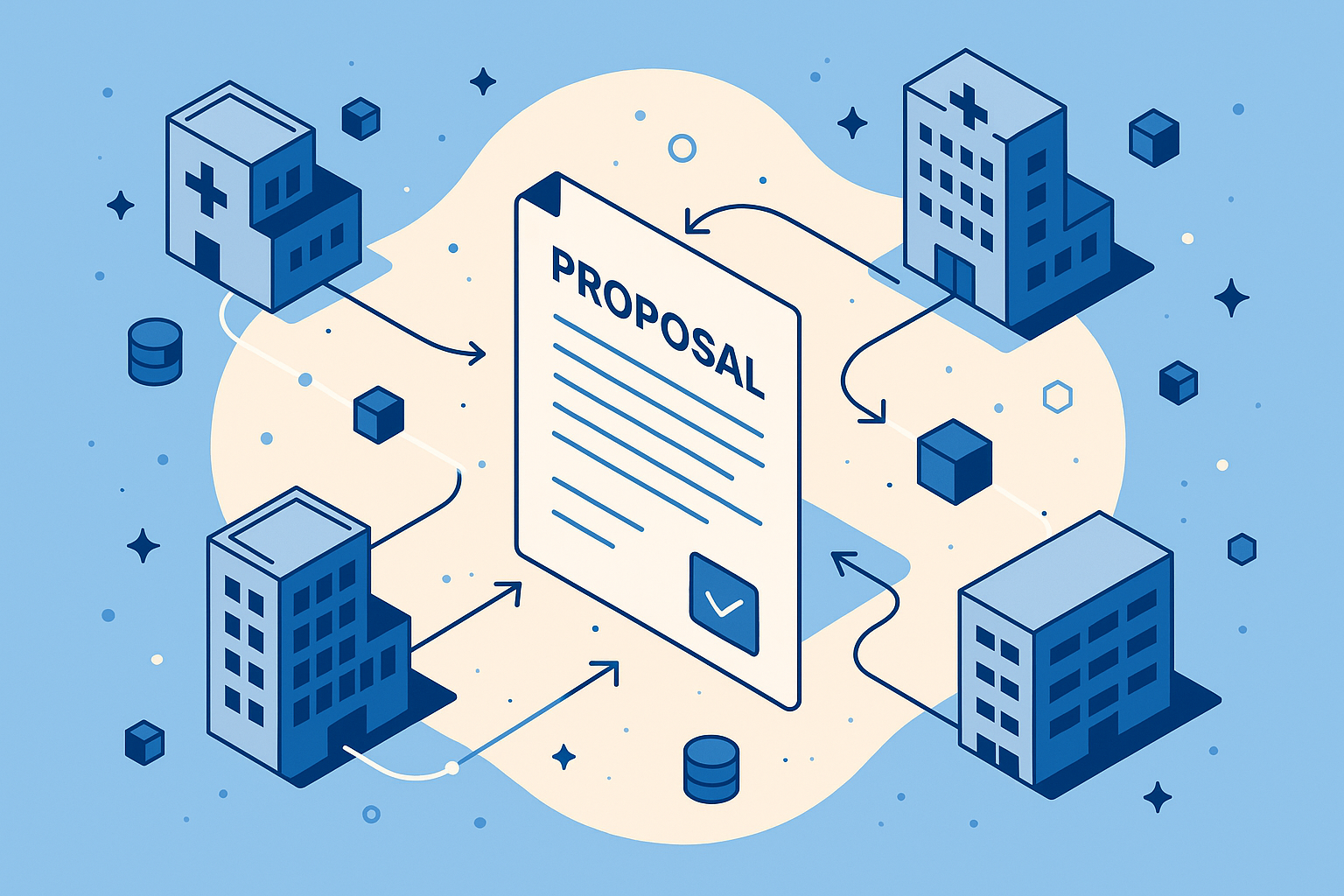 Isometric illustration of a proposal document connected to healthcare buildings with automated workflow arrows