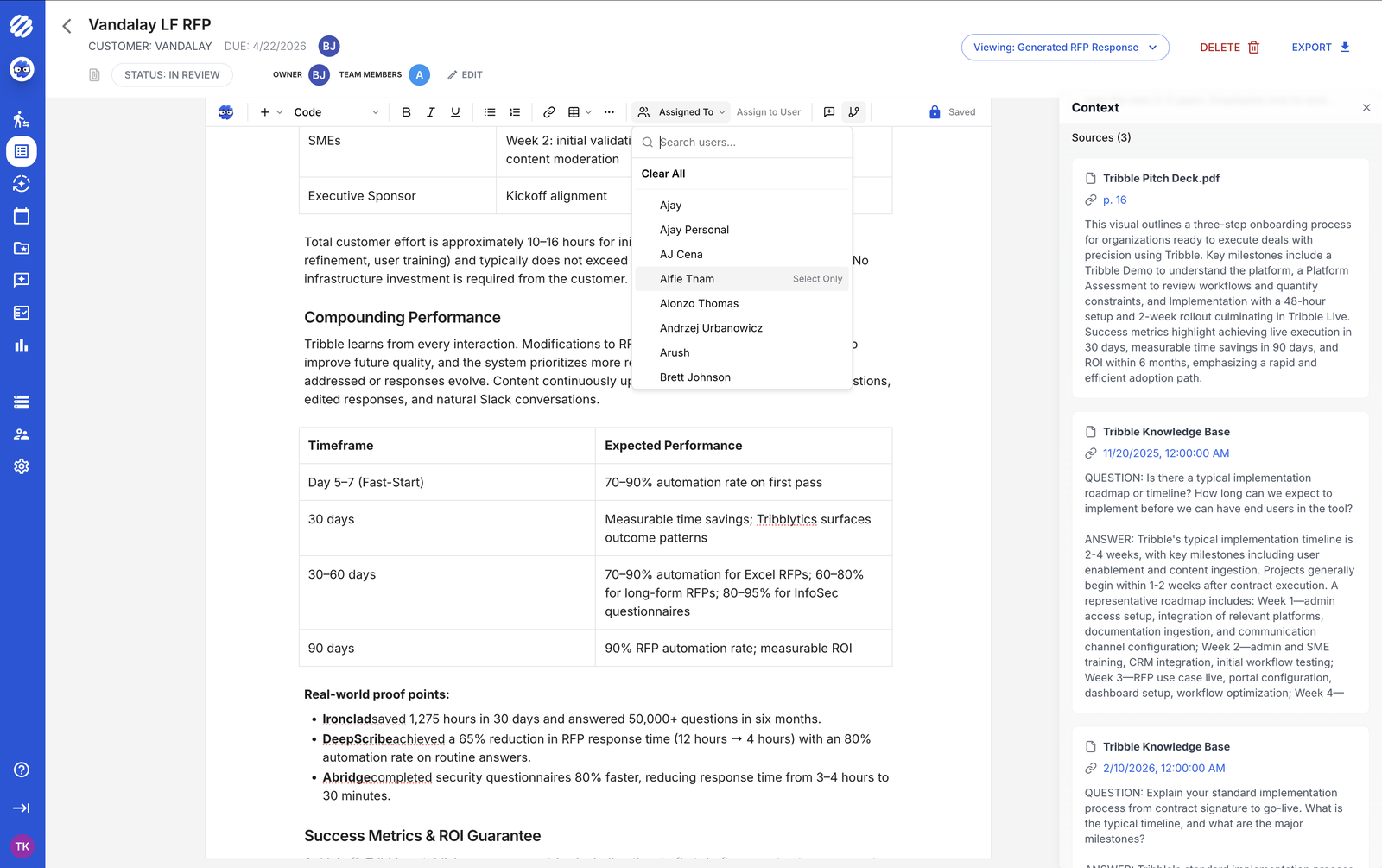 A Tribble RFP project open in the editor: drafted answers with cited sources in a context panel, plus inline assignment to teammates.