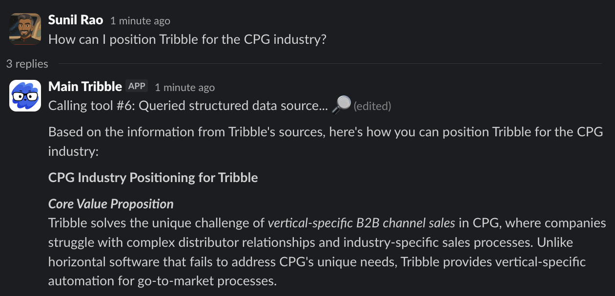 Tribble answering a positioning question inside Slack