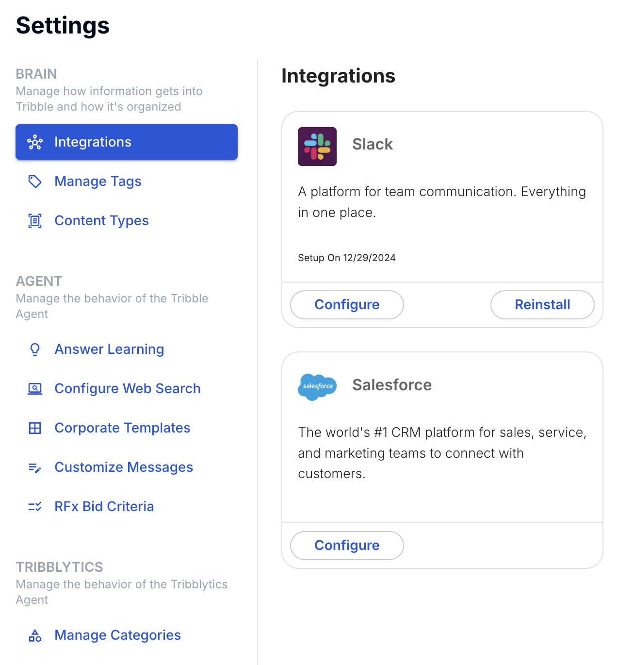 Tribble Slack integration configuration screen